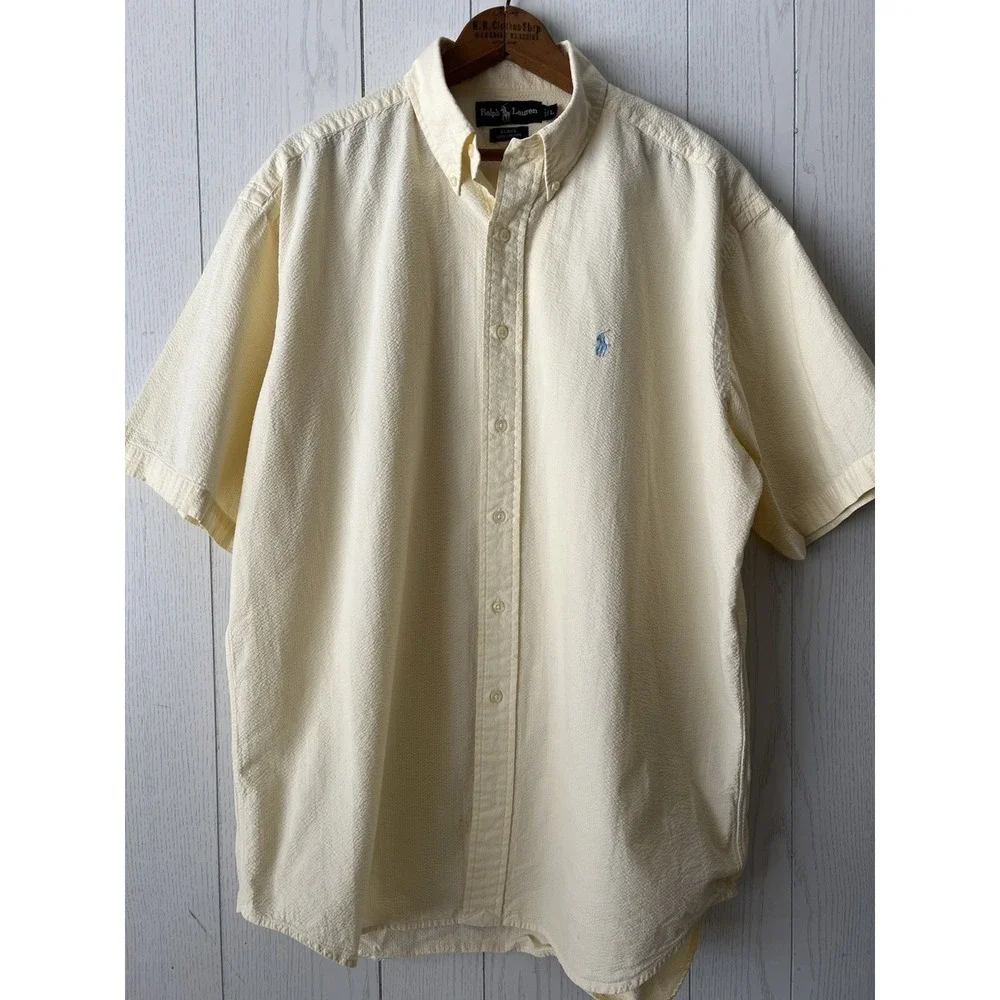 Vintage Ralph Lauren Blake Seersucker Shirt Mens L Yellow Short Sleeve Blue Pony